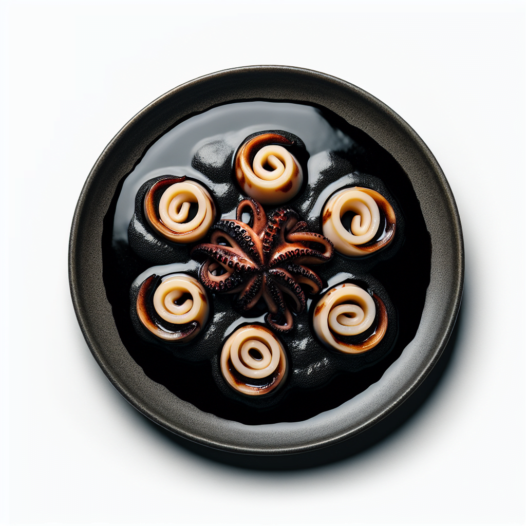 Un plato con salsa espesa negra, con 5 ruedas de calamares cocidas en su tinta. calidad fotográfica