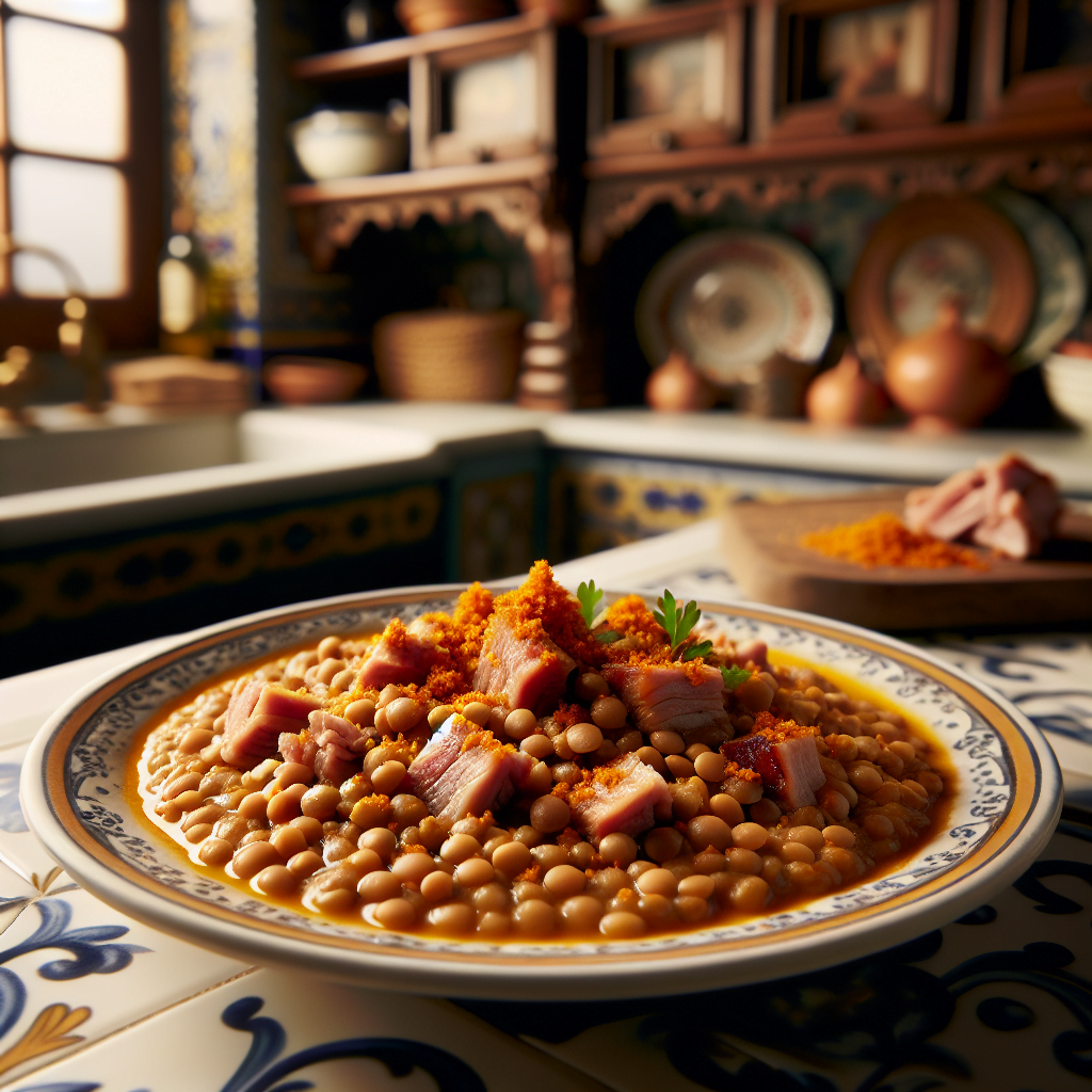 Un plato en primer plano con lentejas estofadas con muy pequeñitos trocitos de cerdo cocido sobre un mesón estilo de cocina español.